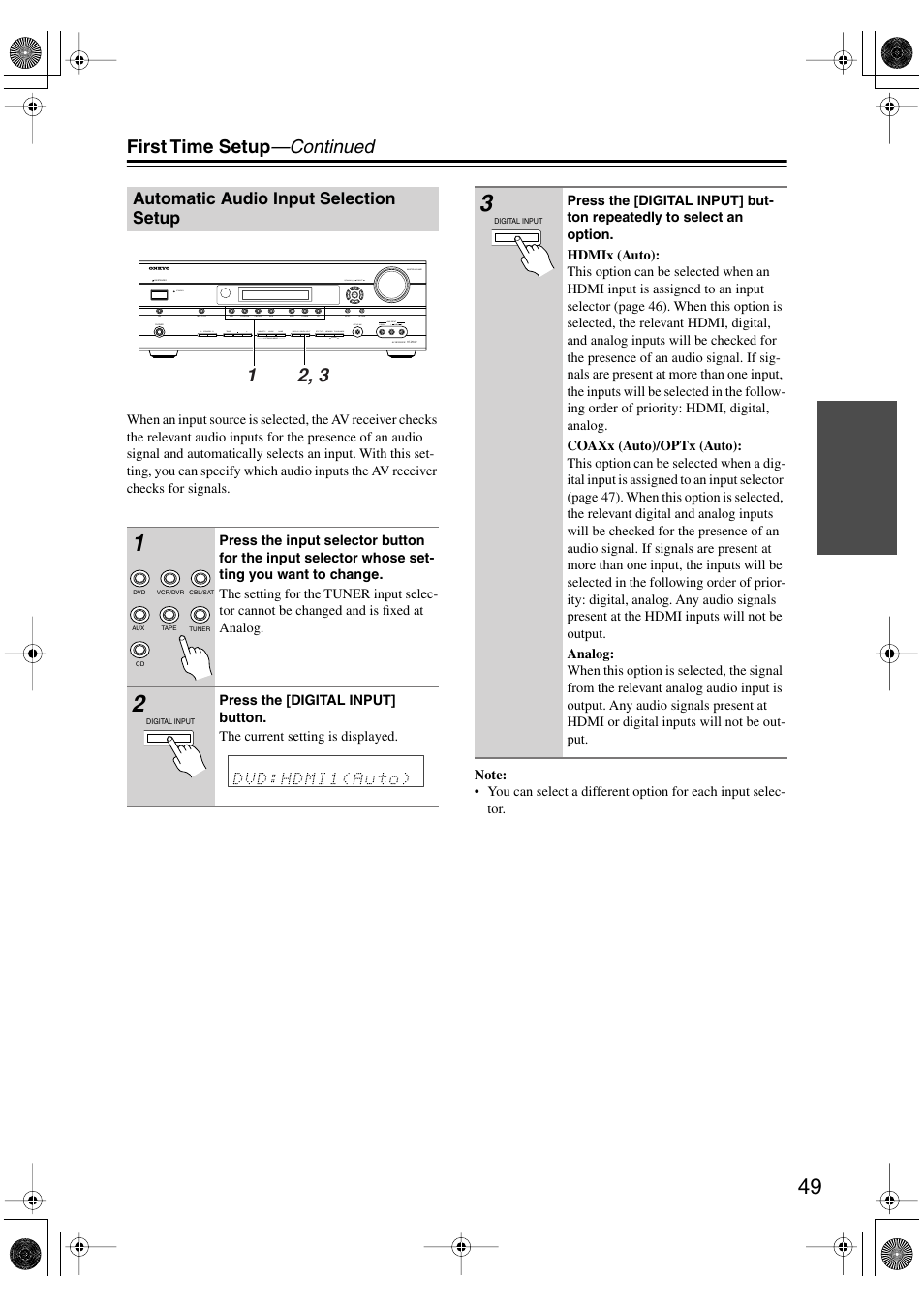 Automatic audio input selection setup, Utton (49), First time setup —continued | Onkyo HT-R960 User Manual | Page 49 / 112