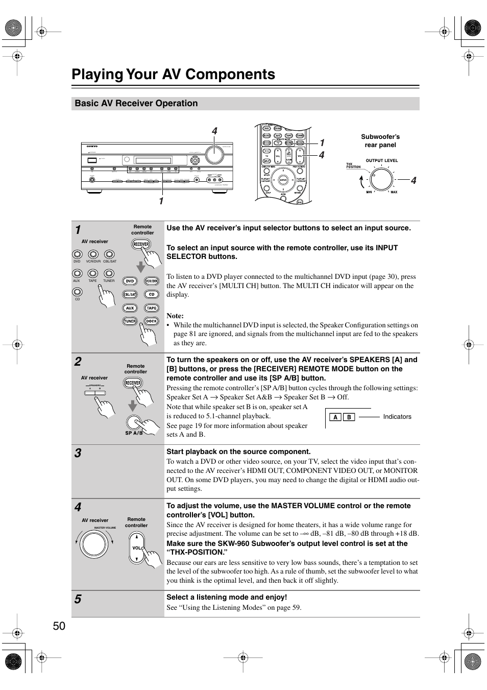 Playing your av components, Basic av receiver operation, Uttons (50) | Ol (50), Utton (50) | Onkyo HT-R960 User Manual | Page 50 / 112