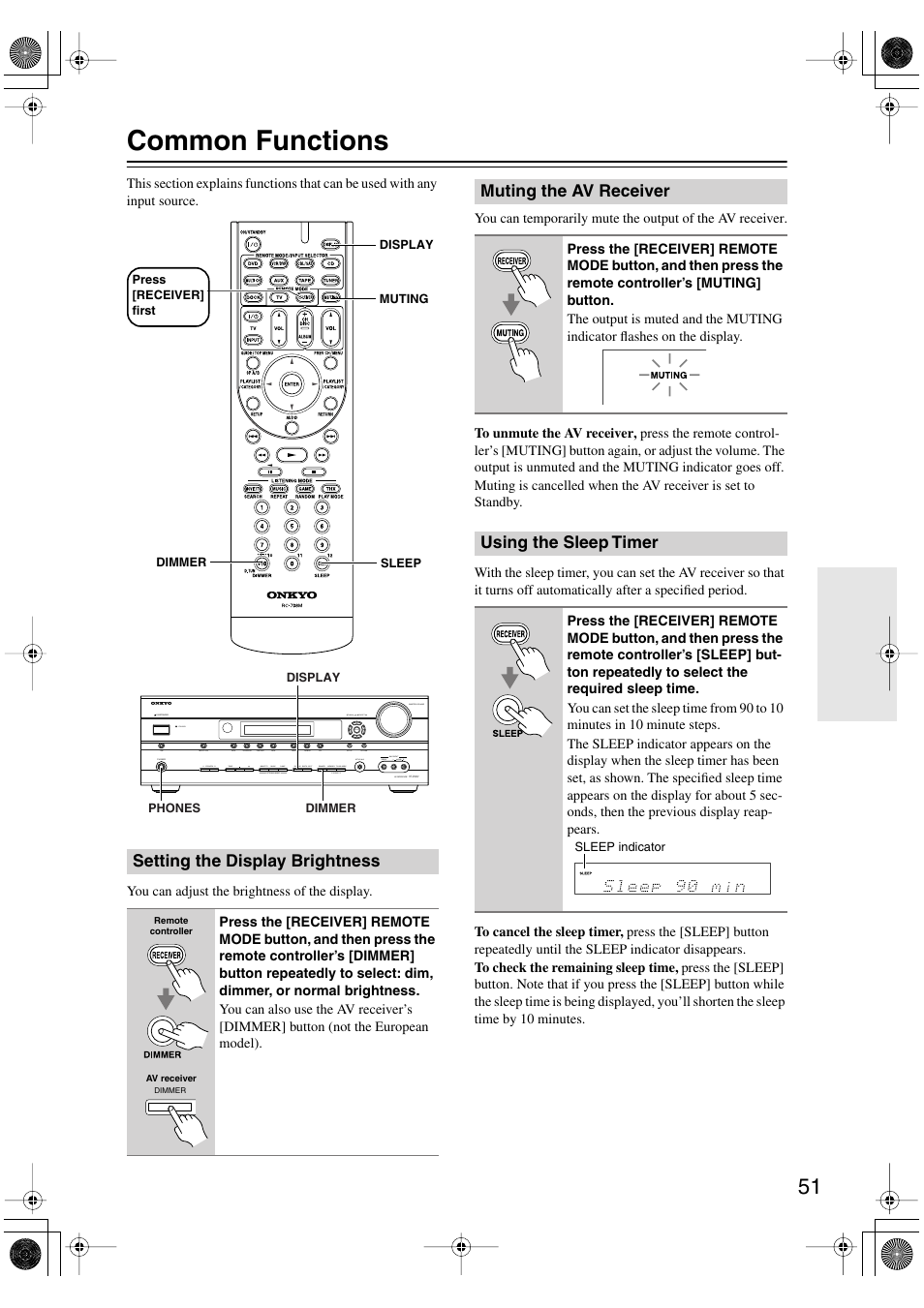 Common functions, Setting the display brightness, Muting the av receiver | Using the sleep timer, Utton (51, Muting indicator (51), Sleep indicator (51), Utton (51) | Onkyo HT-R960 User Manual | Page 51 / 112