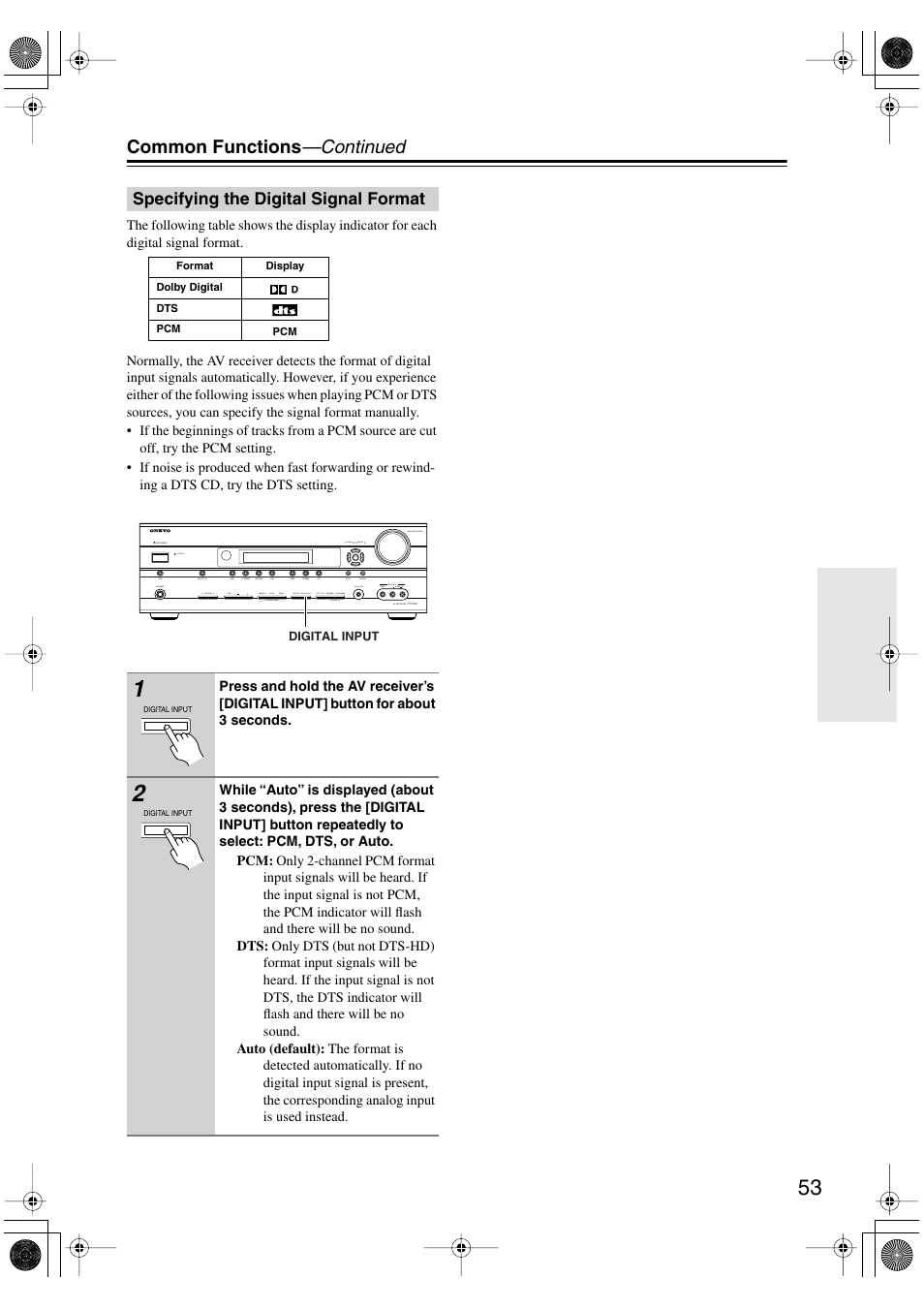 Specifying the digital signal format, Common functions —continued | Onkyo HT-R960 User Manual | Page 53 / 112