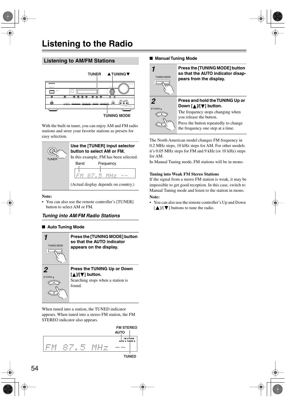 Listening to the radio, Listening to am/fm stations, Utton (54) | S (54), Fm stereo (54), Tuned (54) | Onkyo HT-R960 User Manual | Page 54 / 112