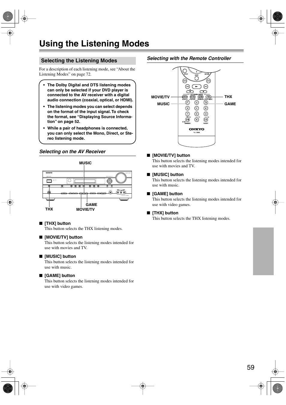 Using the listening modes, Selecting the listening modes, Utton (59) | S (59), Uttons (59) | Onkyo HT-R960 User Manual | Page 59 / 112