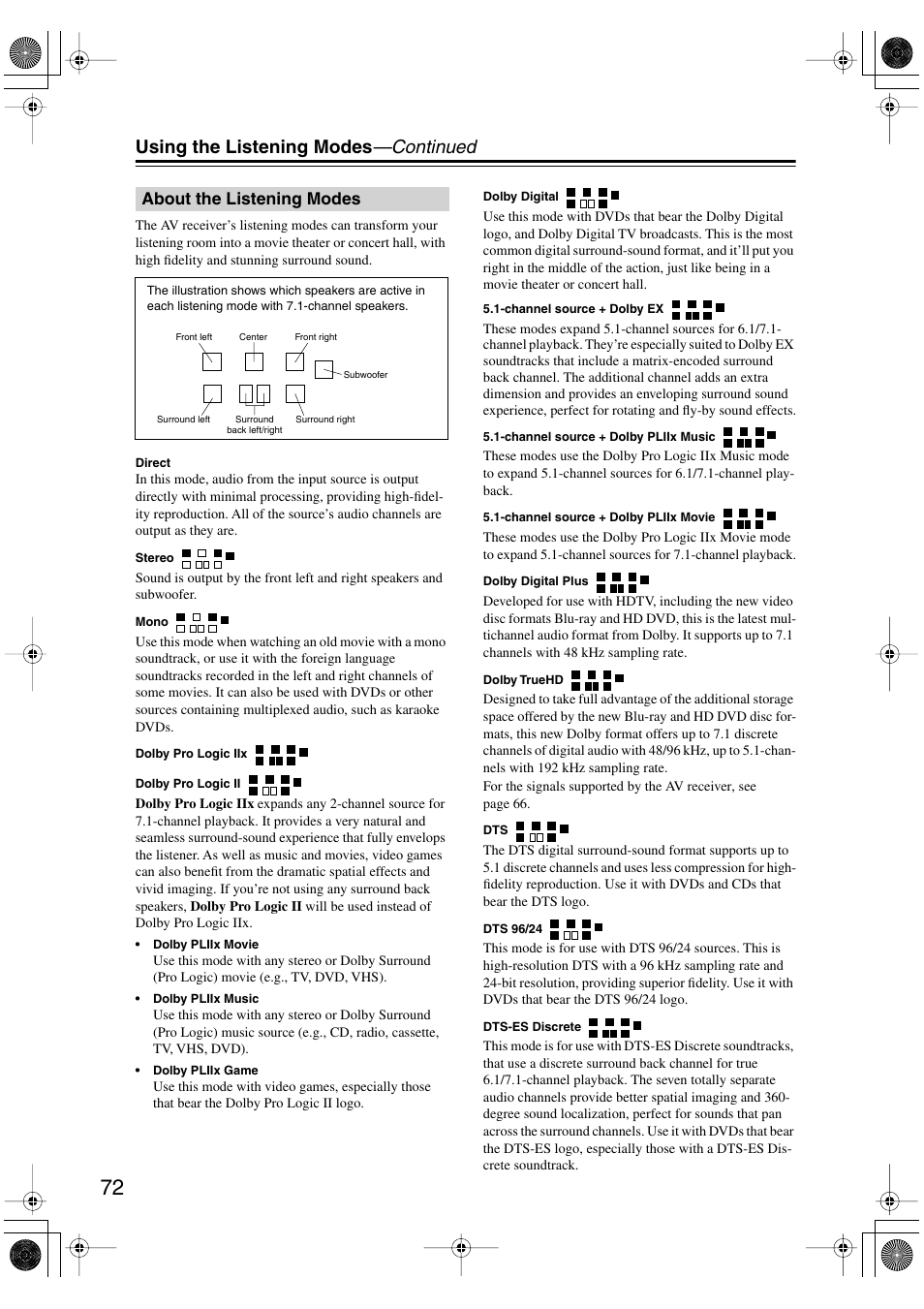 About the listening modes, Using the listening modes —continued | Onkyo HT-R960 User Manual | Page 72 / 112