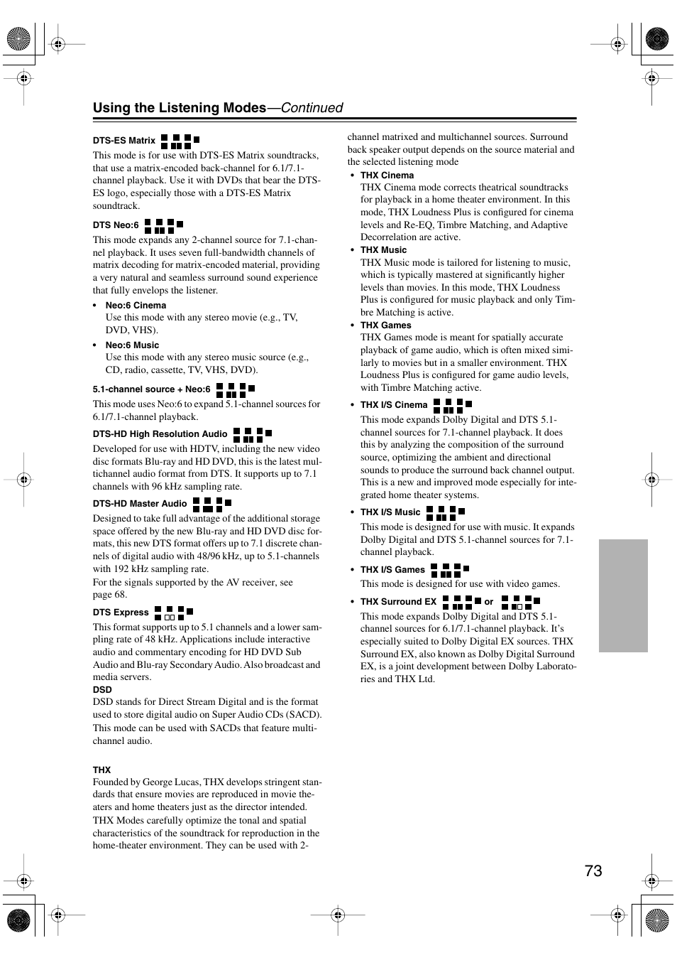 Using the listening modes —continued | Onkyo HT-R960 User Manual | Page 73 / 112