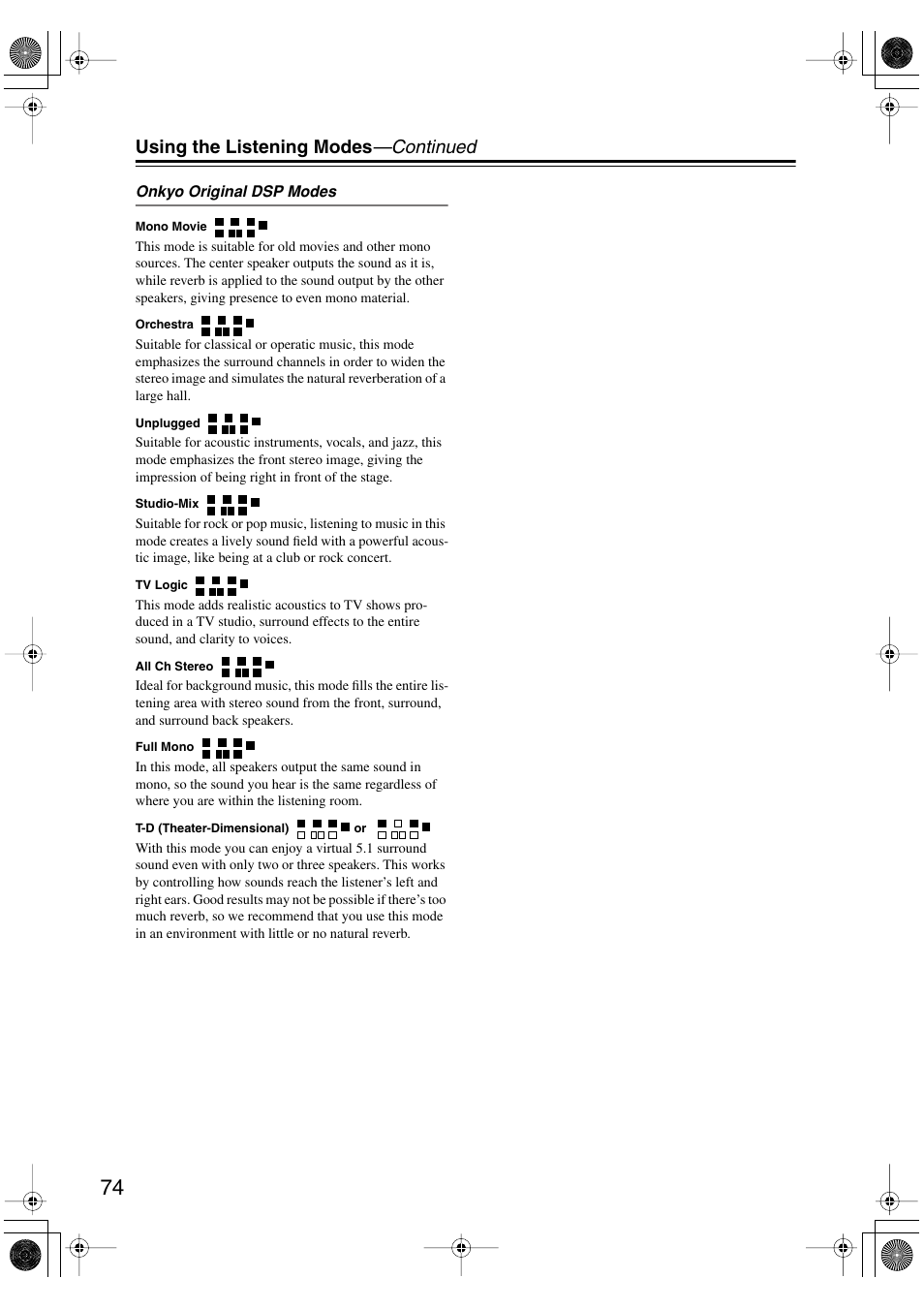 Using the listening modes —continued | Onkyo HT-R960 User Manual | Page 74 / 112