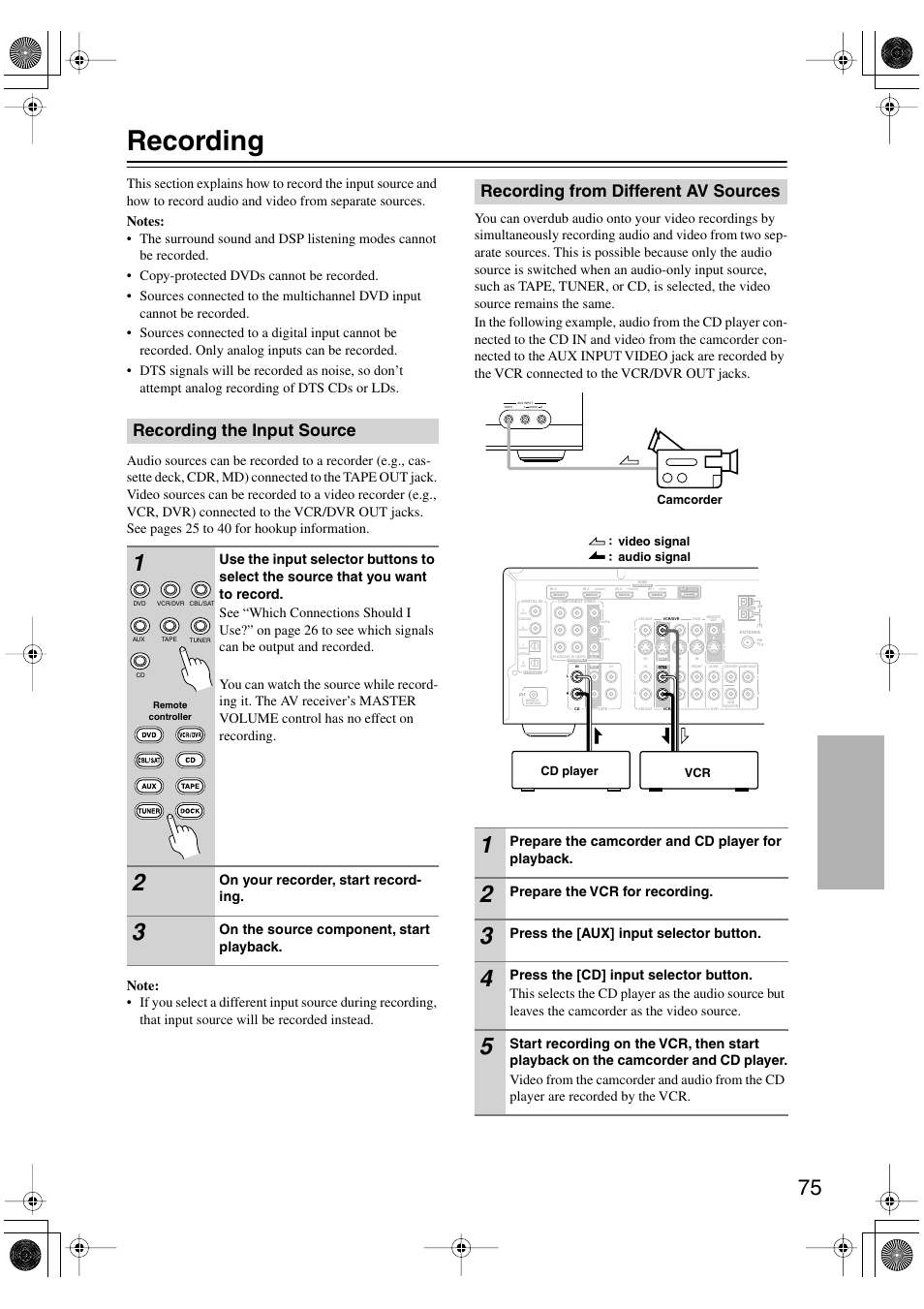 Recording, Recording the input source, Recording from different av sources | On your recorder, start record- ing, On the source component, start playback, Prepare the camcorder and cd player for playback, Prepare the vcr for recording, Press the [aux] input selector button | Onkyo HT-R960 User Manual | Page 75 / 112