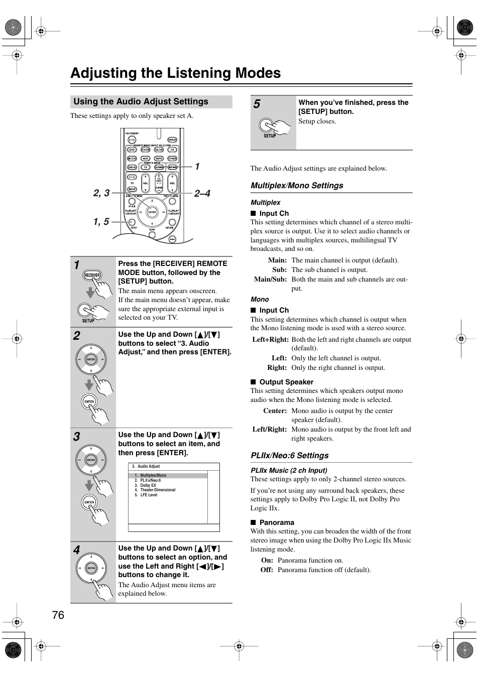 Adjusting the listening modes, Using the audio adjust settings, Advanced operation | Onkyo HT-R960 User Manual | Page 76 / 112