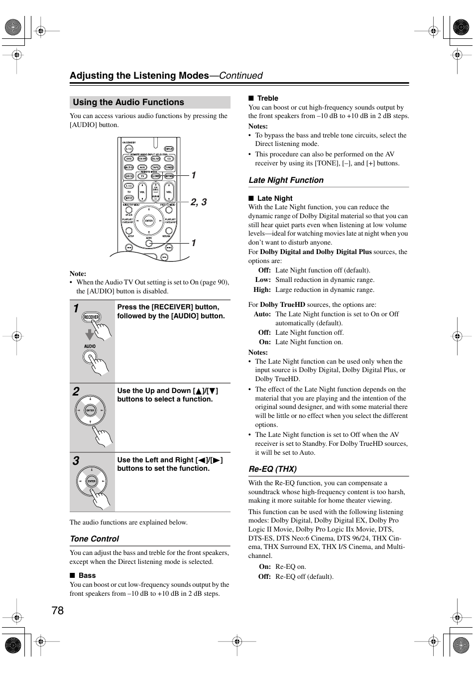 Using the audio functions, Uttons (78), Utton (78) | Adjusting the listening modes —continued | Onkyo HT-R960 User Manual | Page 78 / 112