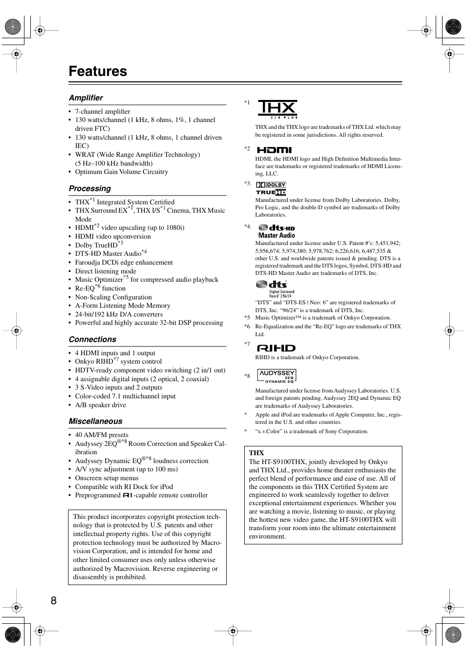 Features | Onkyo HT-R960 User Manual | Page 8 / 112