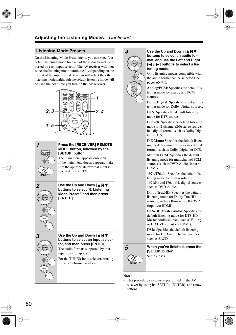 Listening mode presets, Adjusting the listening modes —continued | Onkyo HT-R960 User Manual | Page 80 / 112