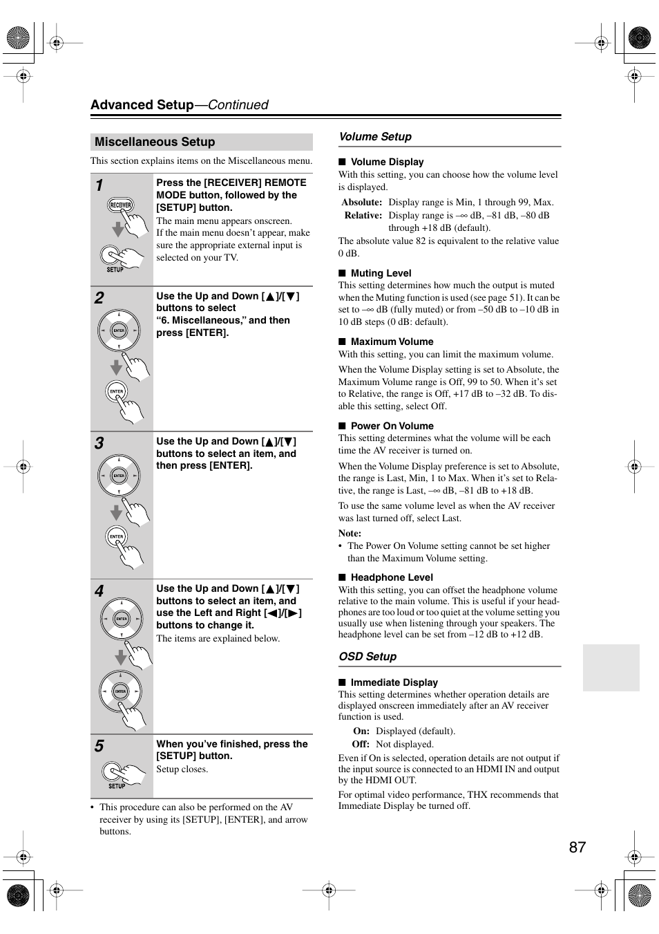 Miscellaneous setup, Advanced setup —continued | Onkyo HT-R960 User Manual | Page 87 / 112