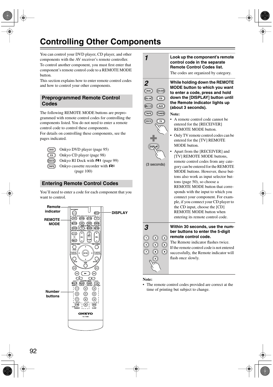 Controlling other components, Preprogrammed remote control codes, Entering remote control codes | Onkyo HT-R960 User Manual | Page 92 / 112