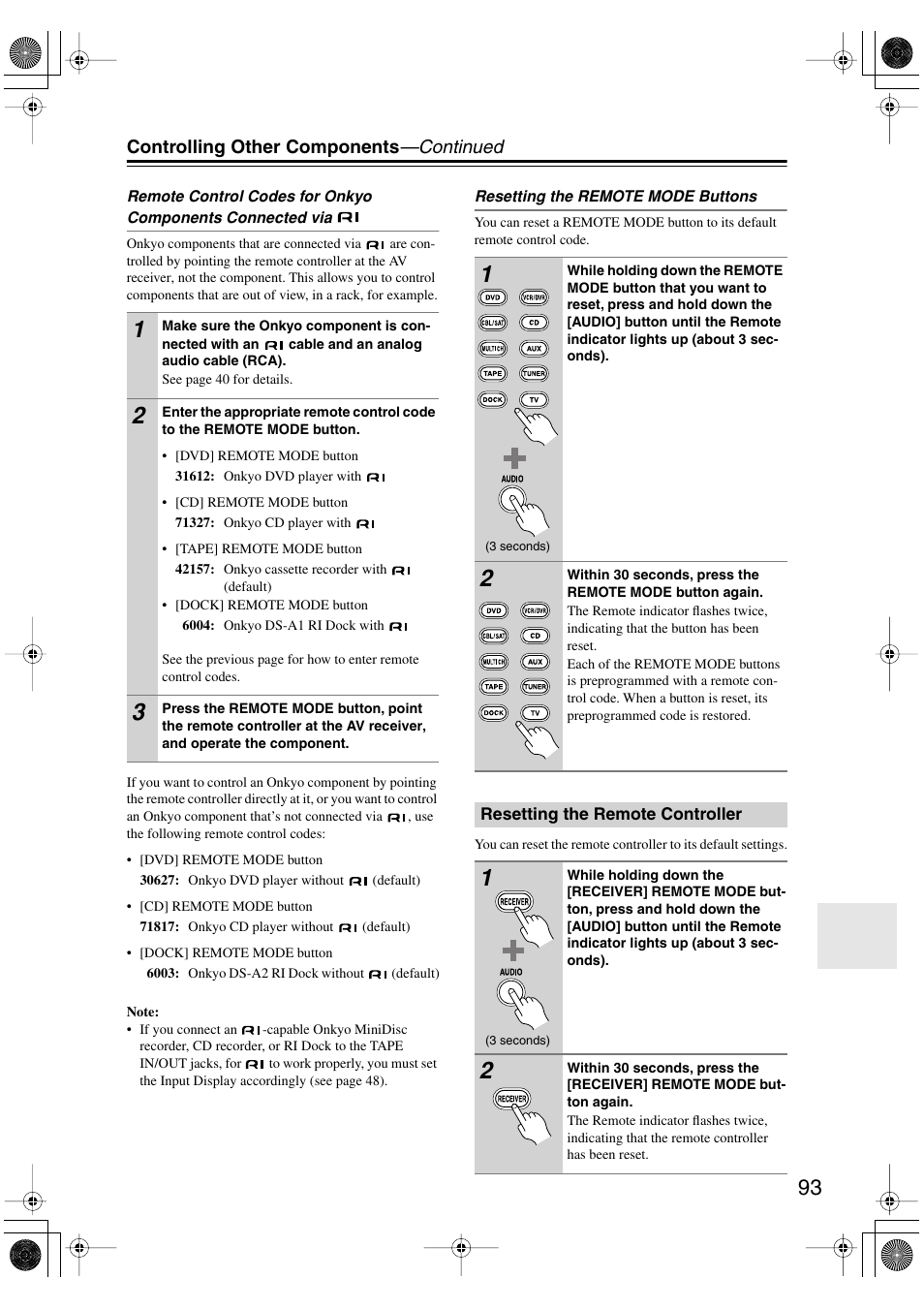 Resetting the remote controller | Onkyo HT-R960 User Manual | Page 93 / 112