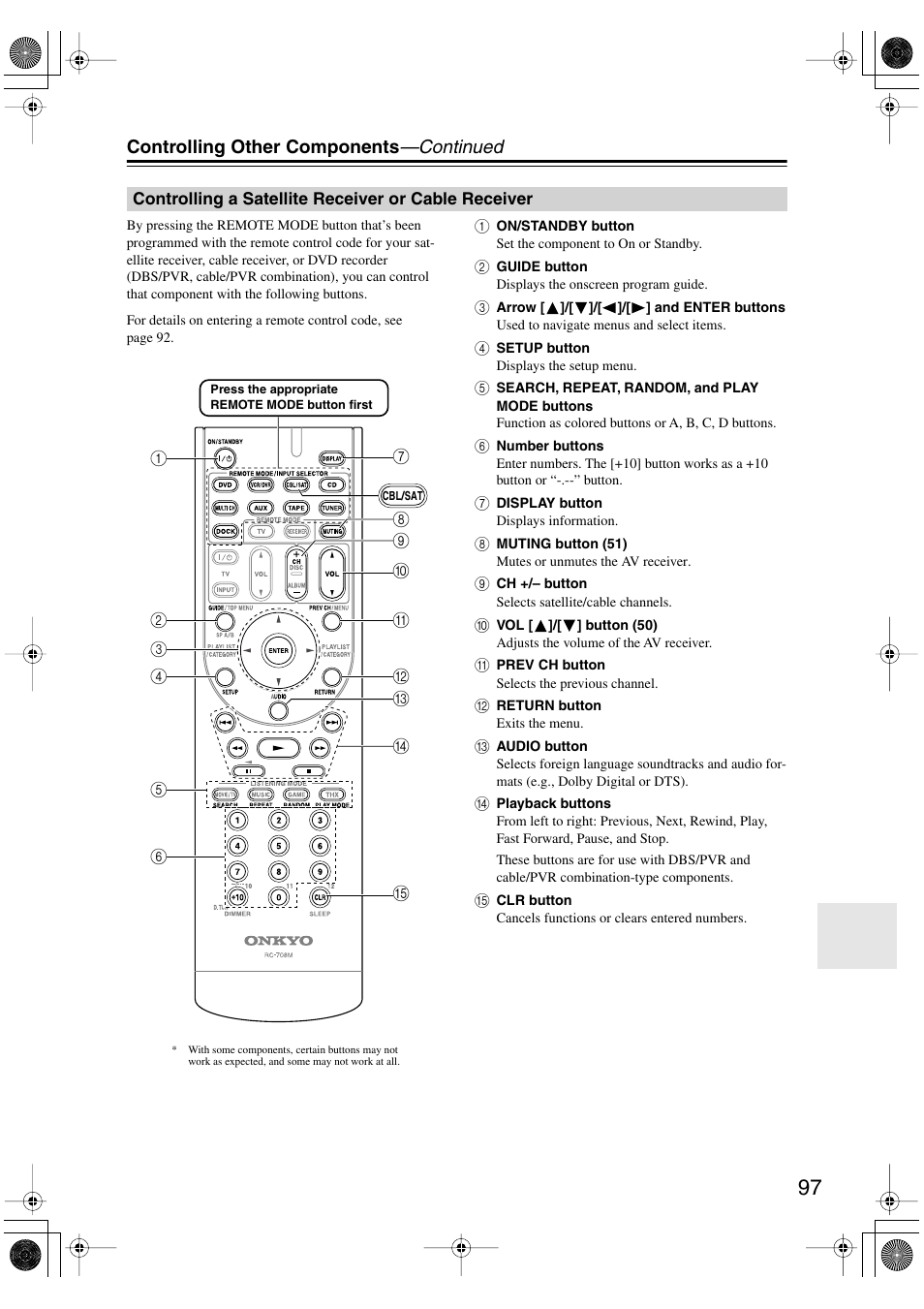 Controlling a satellite receiver or cable receiver, Controlling a satellite receiver or cable, Receiver | Controlling other components —continued | Onkyo HT-R960 User Manual | Page 97 / 112