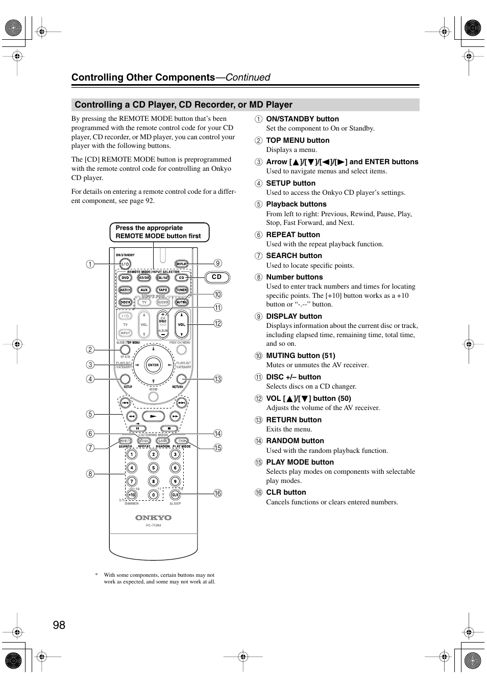 Controlling a cd player, cd recorder, or md player, Controlling a cd player, cd recorder, Or md player | Controlling other components —continued | Onkyo HT-R960 User Manual | Page 98 / 112