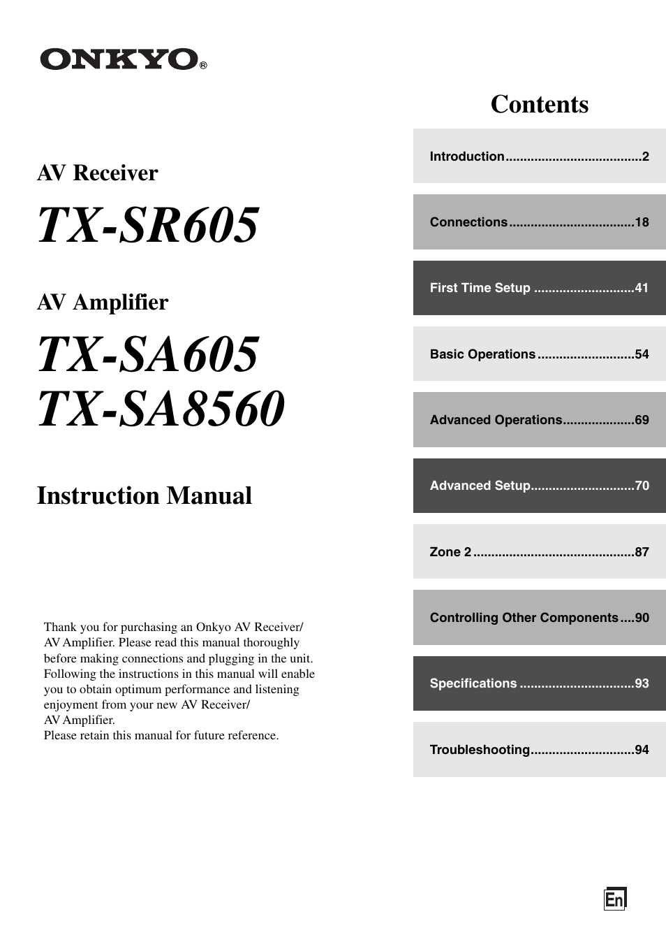 Onkyo TX-SR605 User Manual | 100 pages