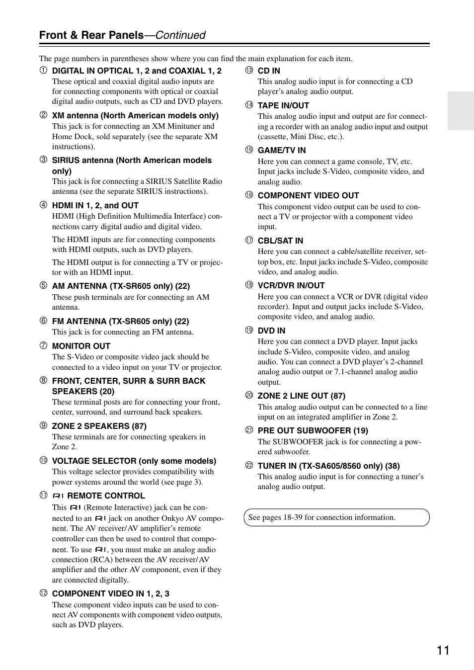 Front & rear panels —continued | Onkyo TX-SR605 User Manual | Page 11 / 100