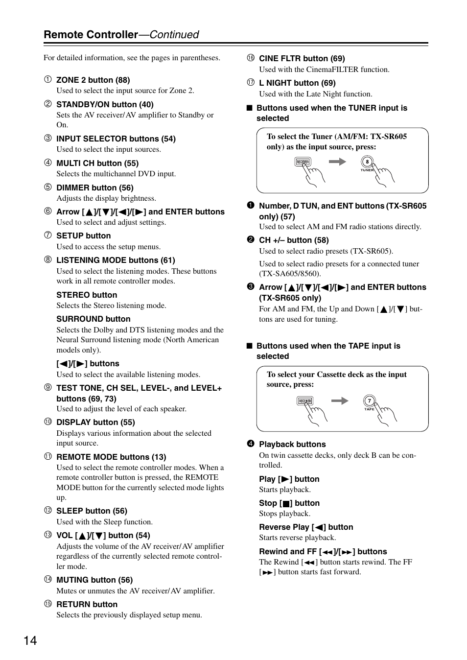 Remote controller —continued | Onkyo TX-SR605 User Manual | Page 14 / 100