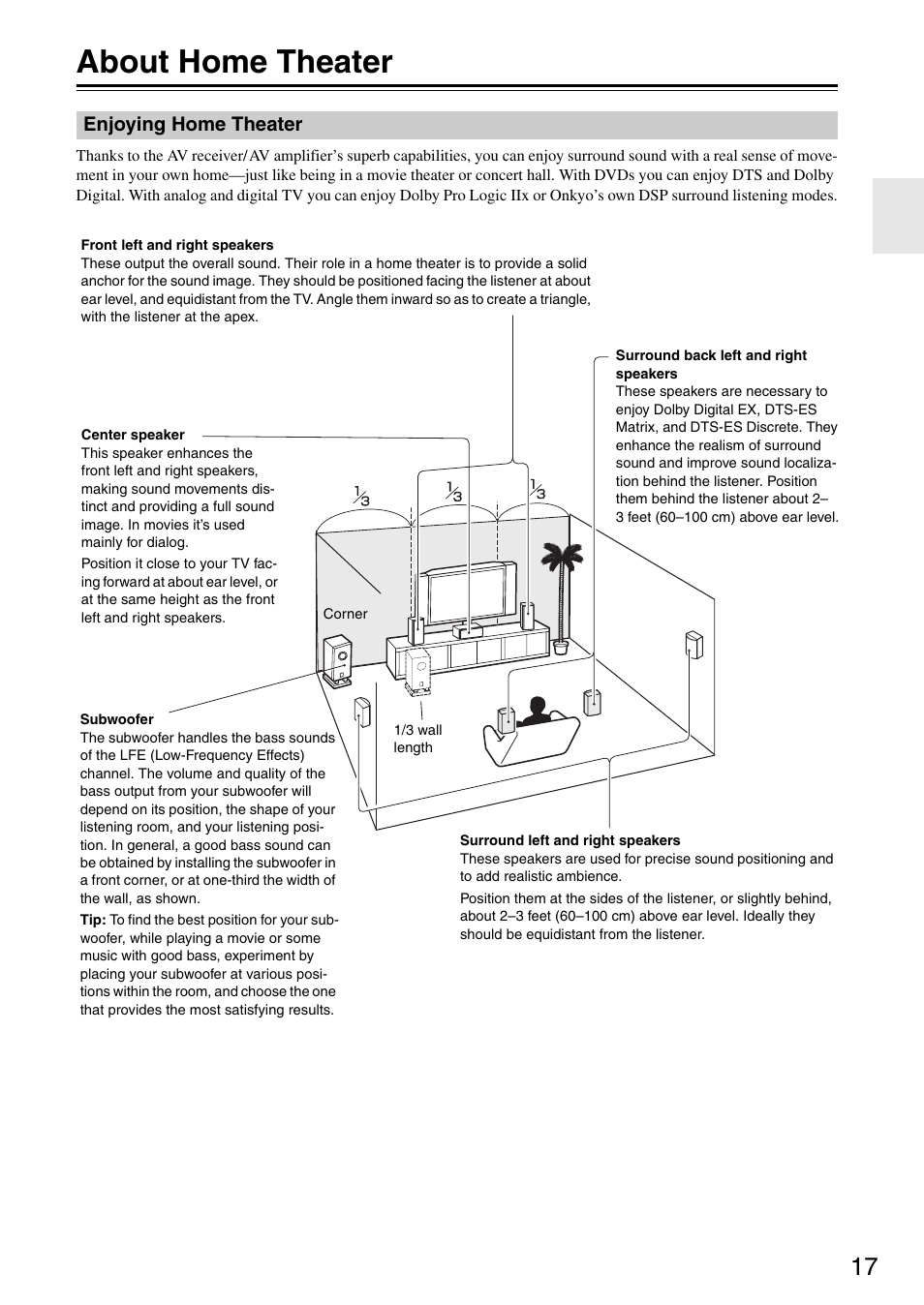 About home theater | Onkyo TX-SR605 User Manual | Page 17 / 100