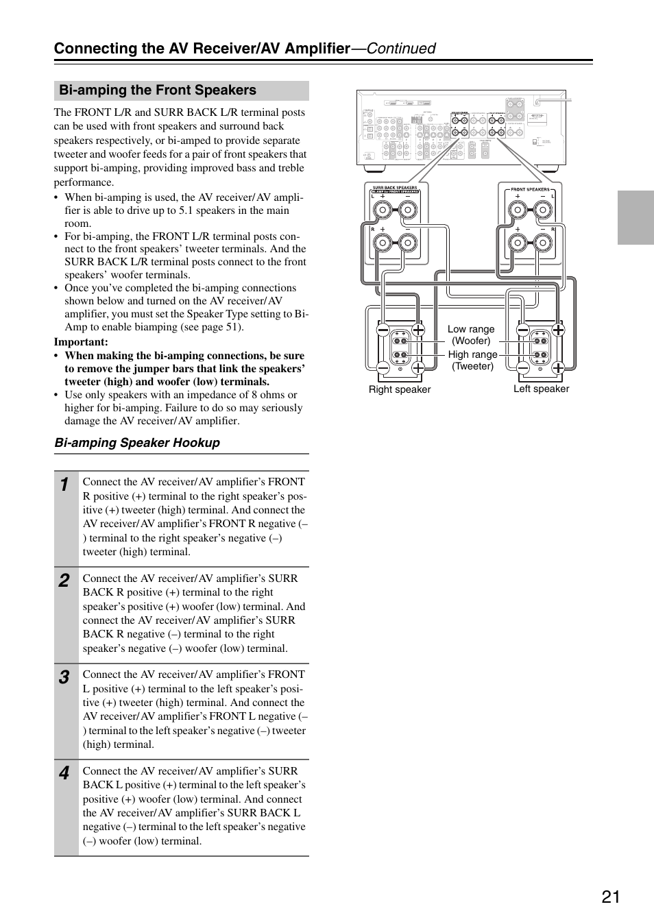 Connecting the av receiver/av amplifier —continued | Onkyo TX-SR605 User Manual | Page 21 / 100