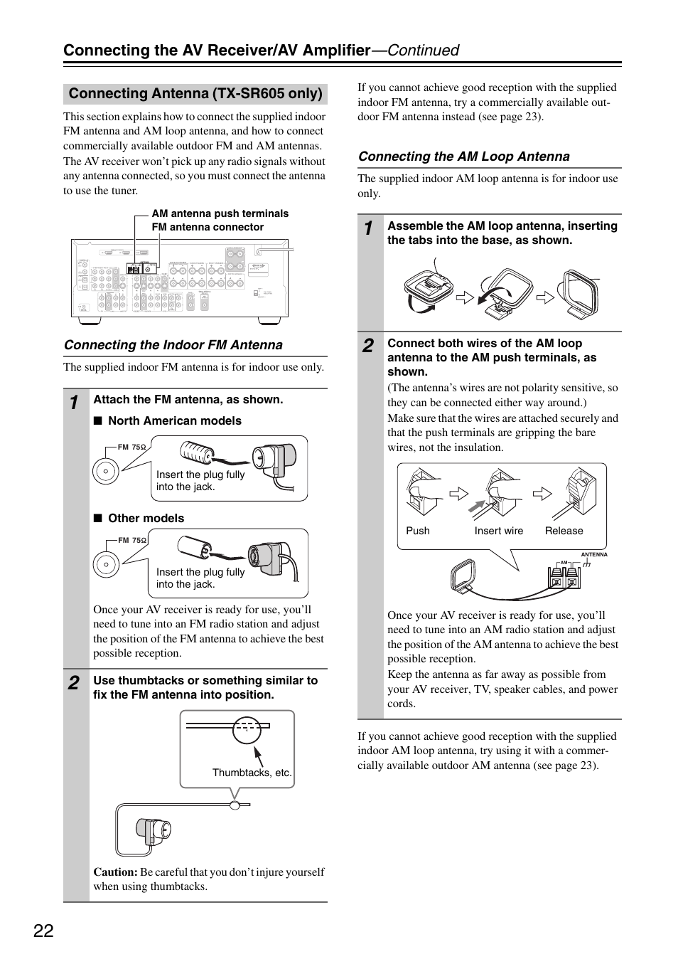 Connecting the av receiver/av amplifier —continued | Onkyo TX-SR605 User Manual | Page 22 / 100