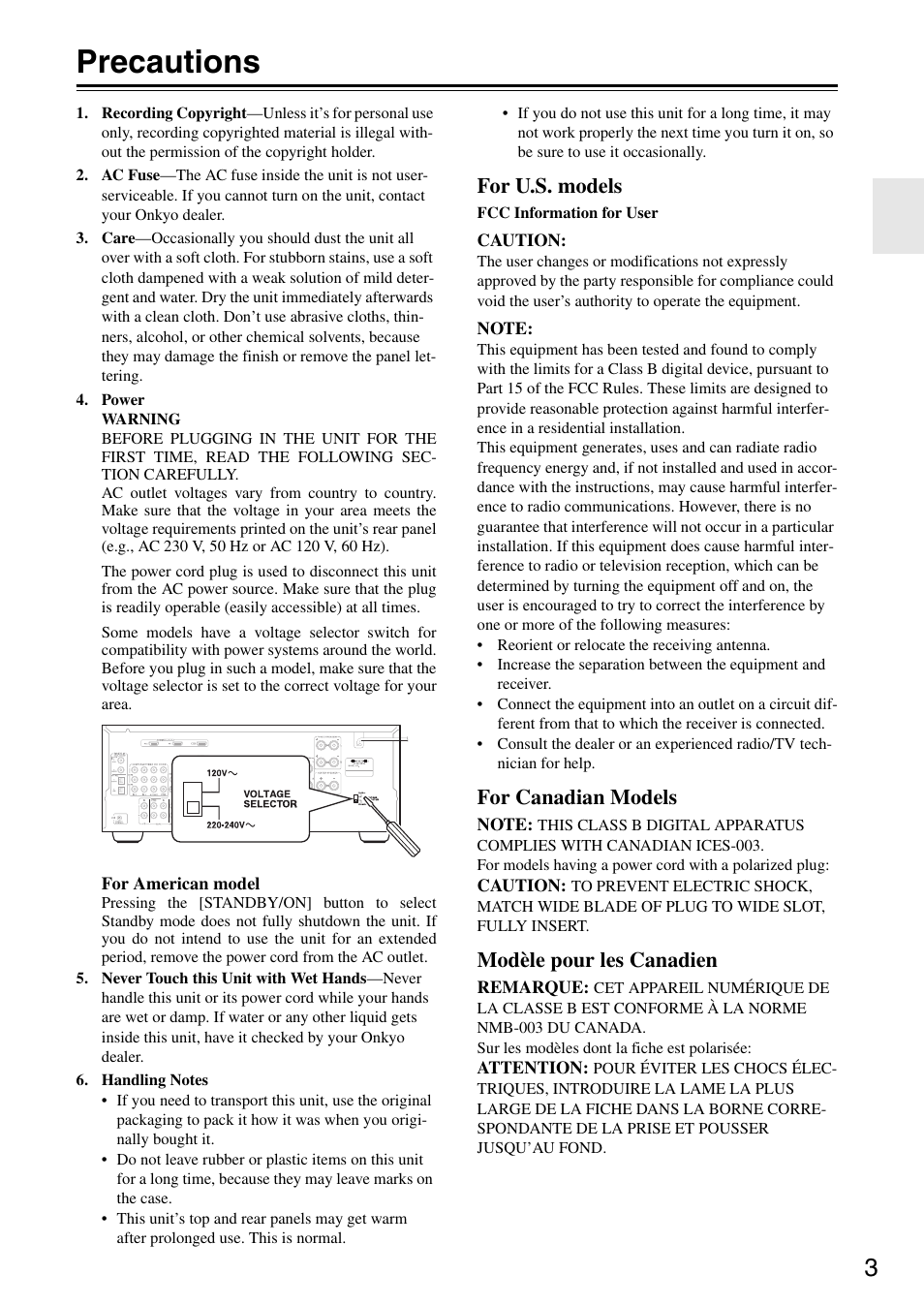Precautions, For u.s. models, For canadian models | Modèle pour les canadien | Onkyo TX-SR605 User Manual | Page 3 / 100