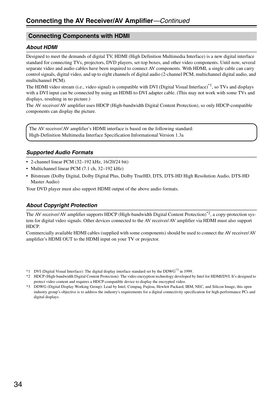 Connecting the av receiver/av amplifier —continued, Connecting components with hdmi | Onkyo TX-SR605 User Manual | Page 34 / 100