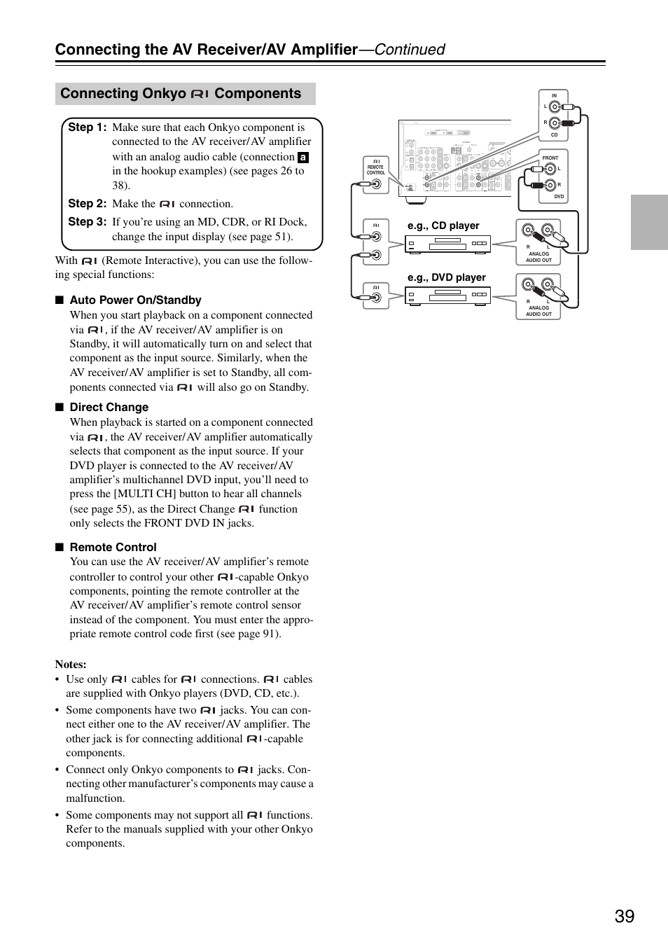 Connecting the av receiver/av amplifier —continued, Connecting onkyo components | Onkyo TX-SR605 User Manual | Page 39 / 100