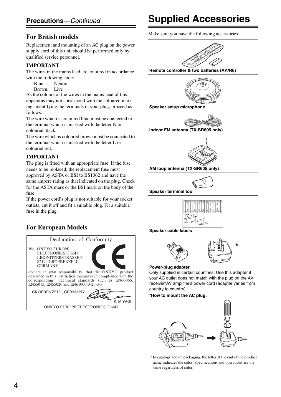 Supplied accessories, Precautions —continued for british models, For european models | Important, Declaration of conformity, Make sure you have the following accessories, Speaker cable, K. miyagi | Onkyo TX-SR605 User Manual | Page 4 / 100