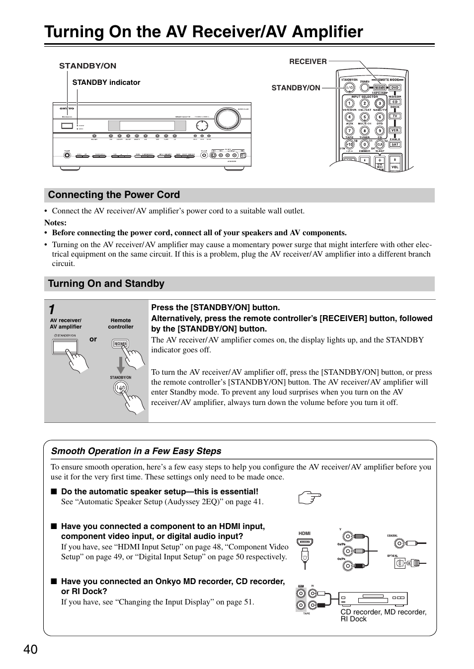 Turning on the av receiver/av amplifier, Connecting the power cord turning on and standby | Onkyo TX-SR605 User Manual | Page 40 / 100