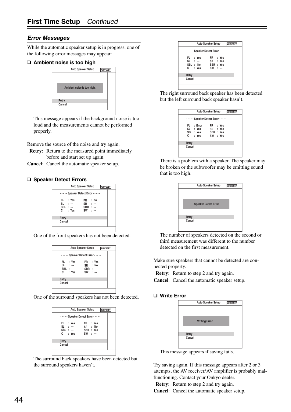 First time setup —continued, Error messages | Onkyo TX-SR605 User Manual | Page 44 / 100