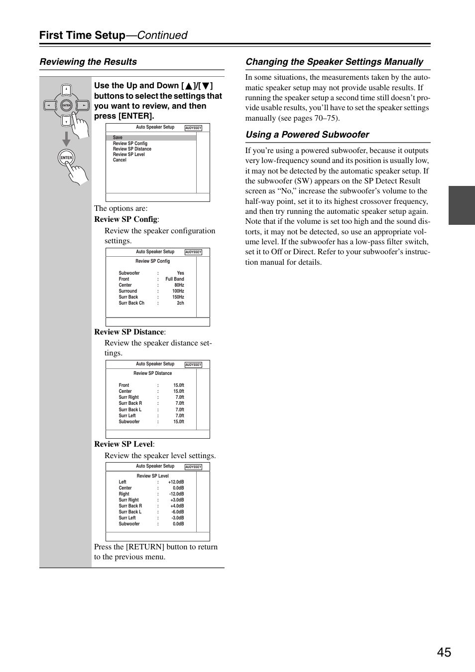 First time setup —continued, Using a powered subwoofer | Onkyo TX-SR605 User Manual | Page 45 / 100