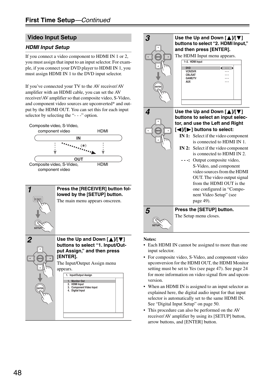 First time setup —continued, Video input setup | Onkyo TX-SR605 User Manual | Page 48 / 100