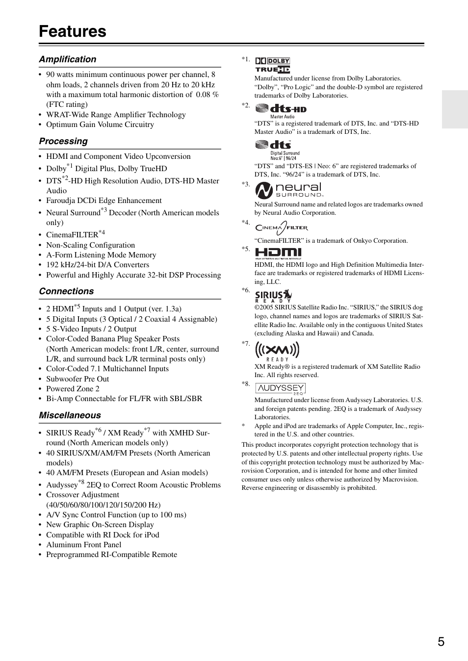 Features | Onkyo TX-SR605 User Manual | Page 5 / 100