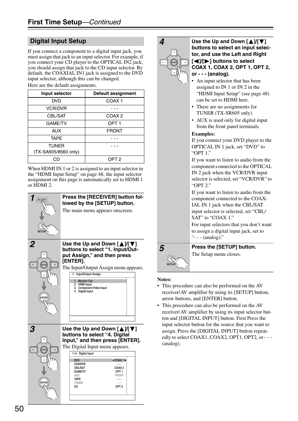First time setup —continued, Digital input setup | Onkyo TX-SR605 User Manual | Page 50 / 100