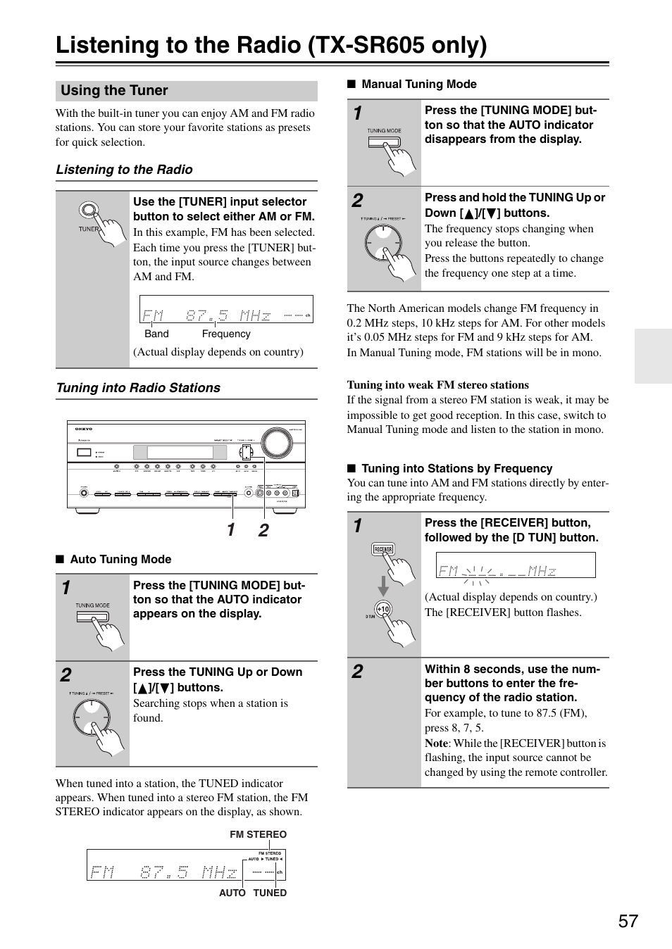 Listening to the radio (tx-sr605 only) | Onkyo TX-SR605 User Manual | Page 57 / 100