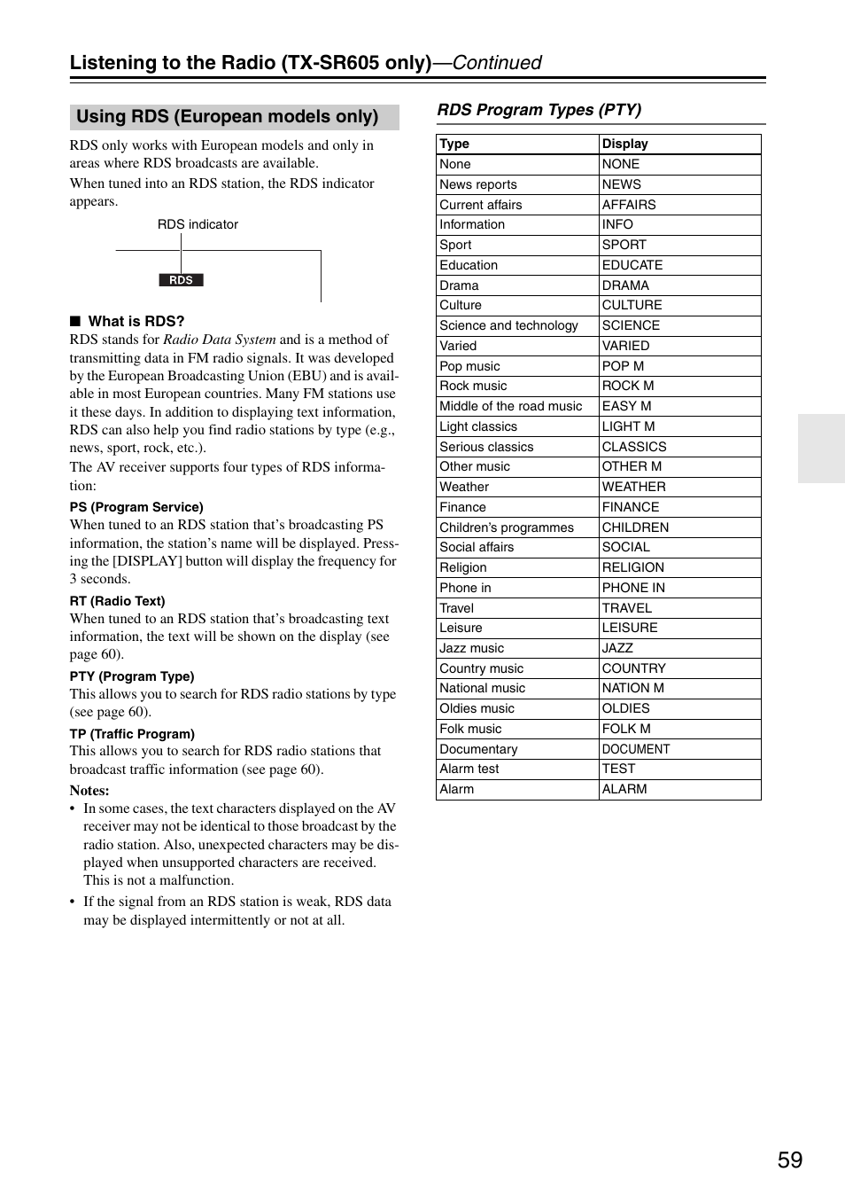 Listening to the radio (tx-sr605 only) —continued, Using rds (european models only) | Onkyo TX-SR605 User Manual | Page 59 / 100