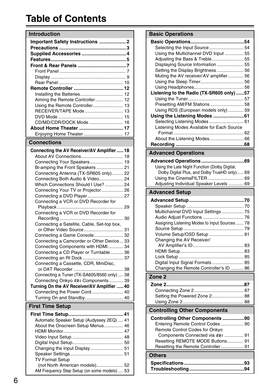 Onkyo TX-SR605 User Manual | Page 6 / 100