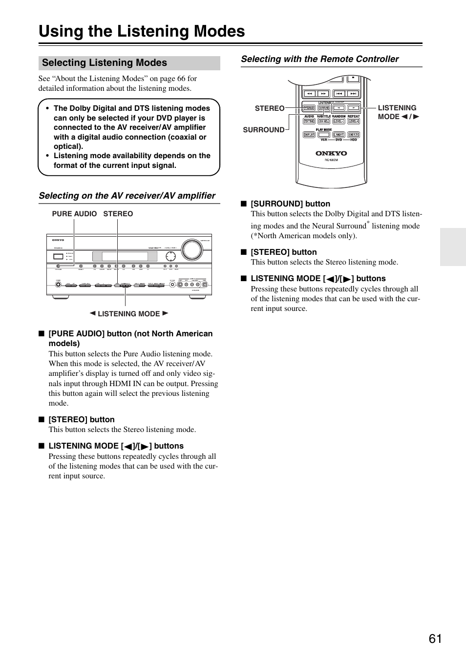 Using the listening modes, Selecting listening modes | Onkyo TX-SR605 User Manual | Page 61 / 100