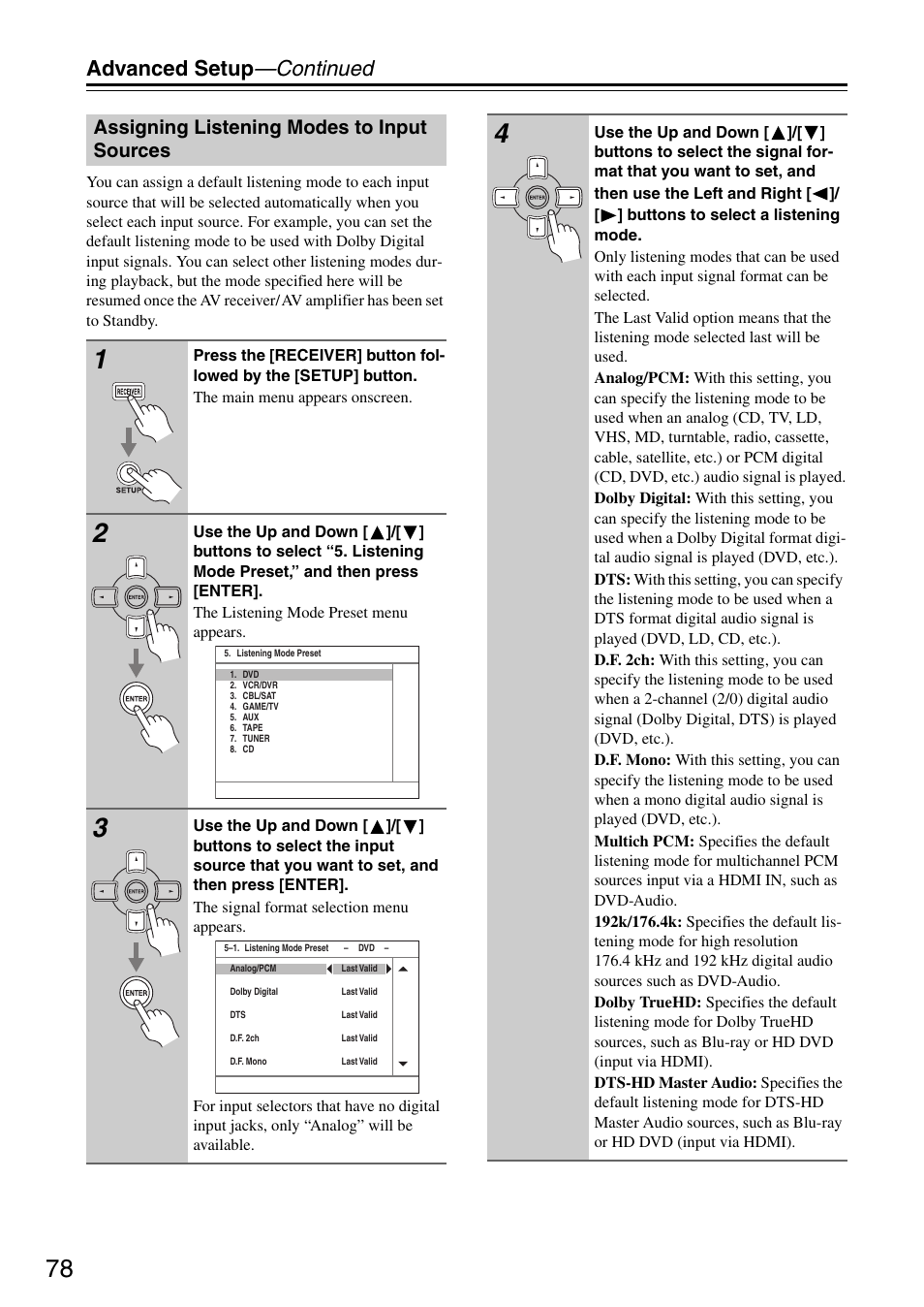 Advanced setup —continued, Assigning listening modes to input sources | Onkyo TX-SR605 User Manual | Page 78 / 100