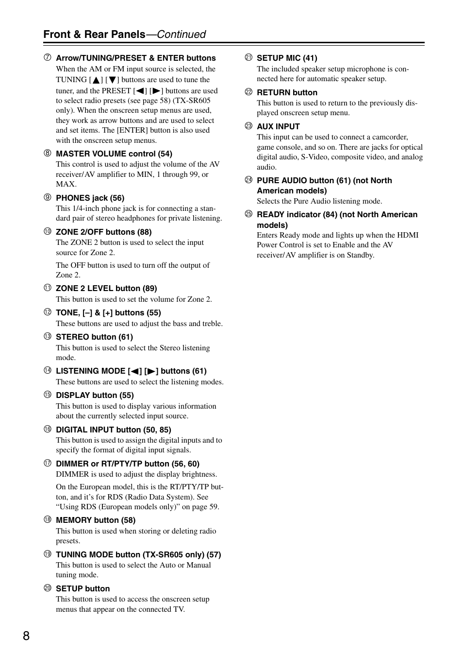 Front & rear panels —continued | Onkyo TX-SR605 User Manual | Page 8 / 100