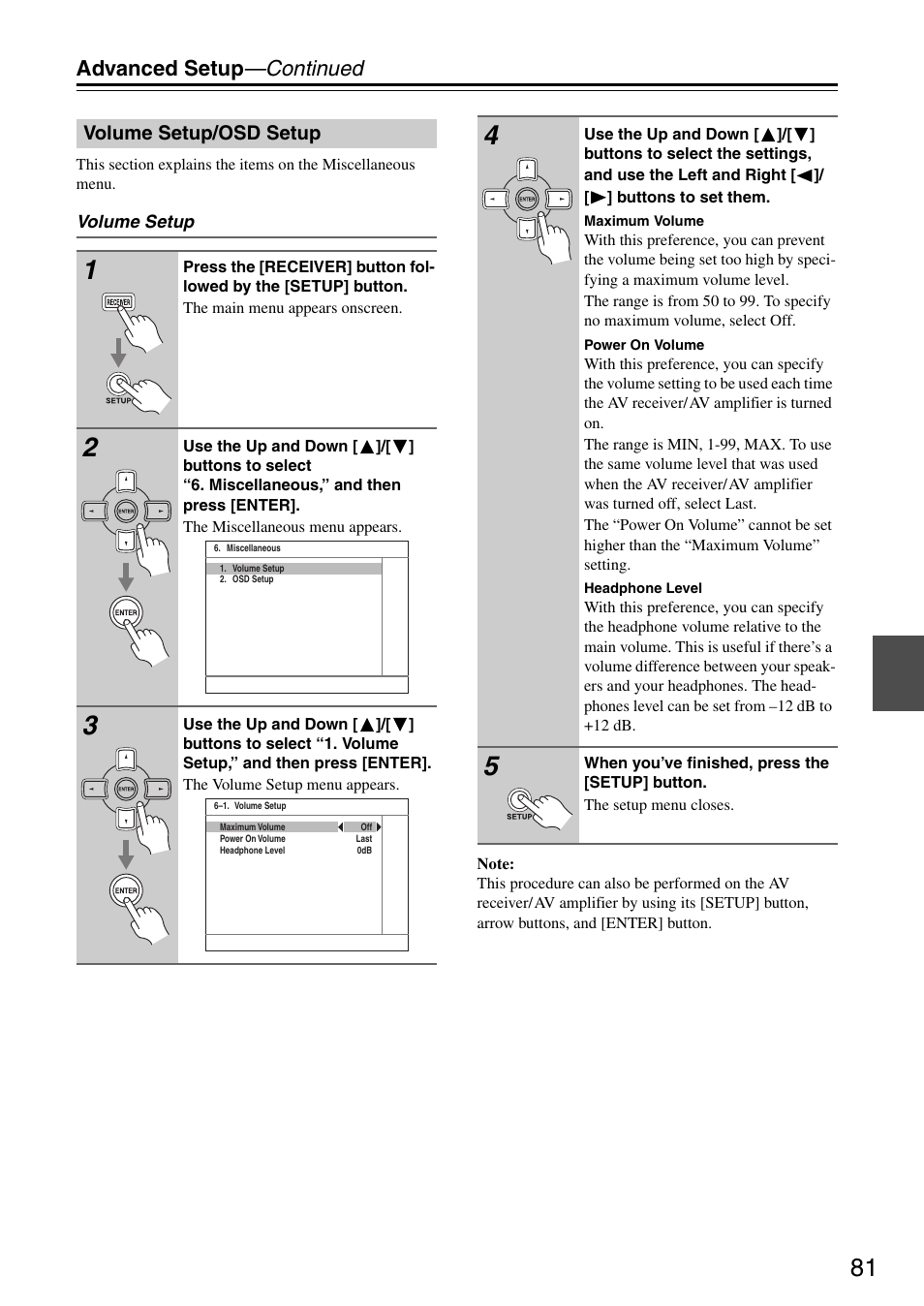 Advanced setup —continued, Volume setup/osd setup | Onkyo TX-SR605 User Manual | Page 81 / 100