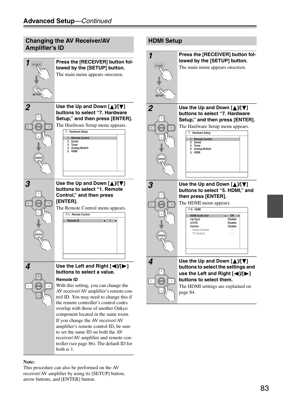 Advanced setup —continued, Changing the av receiver/av amplifier’s id, Hdmi setup | Onkyo TX-SR605 User Manual | Page 83 / 100