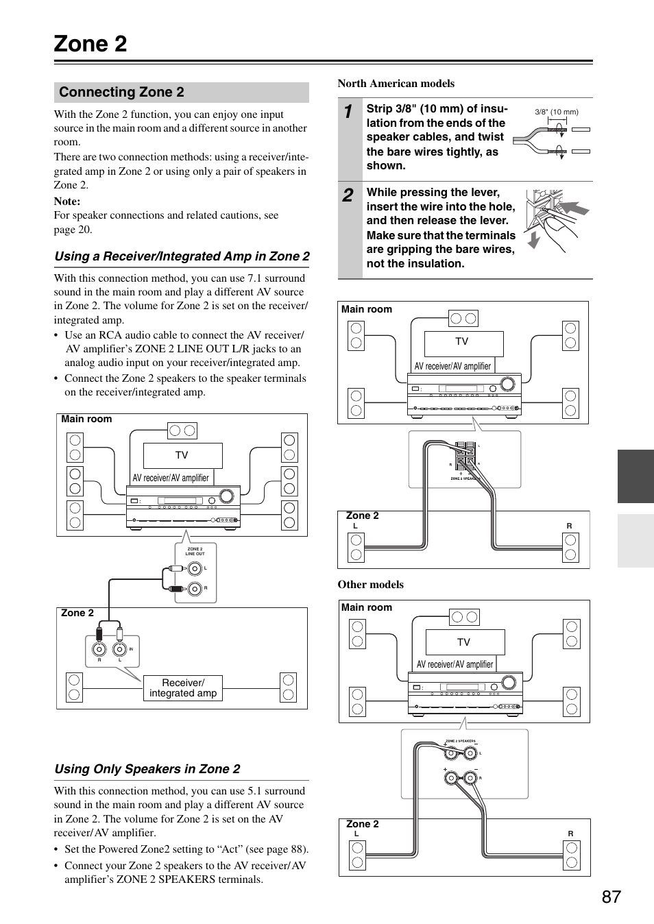 Zone 2, Connecting zone 2, Using a receiver/integrated amp in zone 2 | Using only speakers in zone 2 | Onkyo TX-SR605 User Manual | Page 87 / 100
