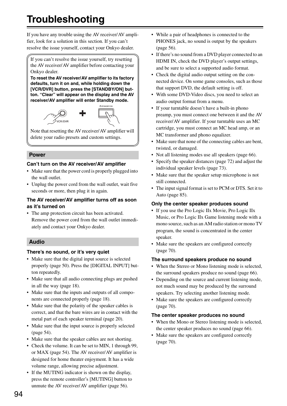 Troubleshooting | Onkyo TX-SR605 User Manual | Page 94 / 100