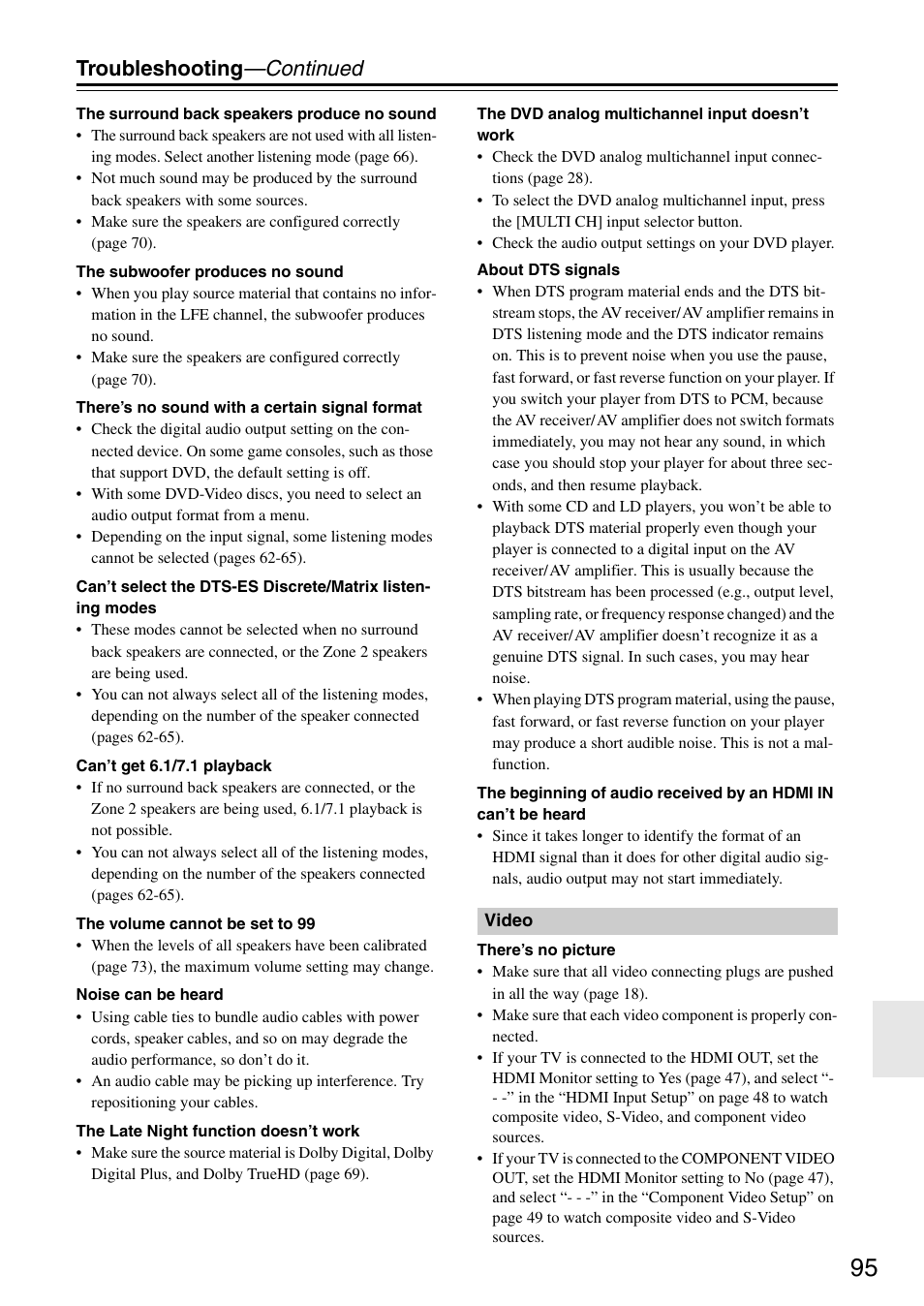 Troubleshooting —continued | Onkyo TX-SR605 User Manual | Page 95 / 100