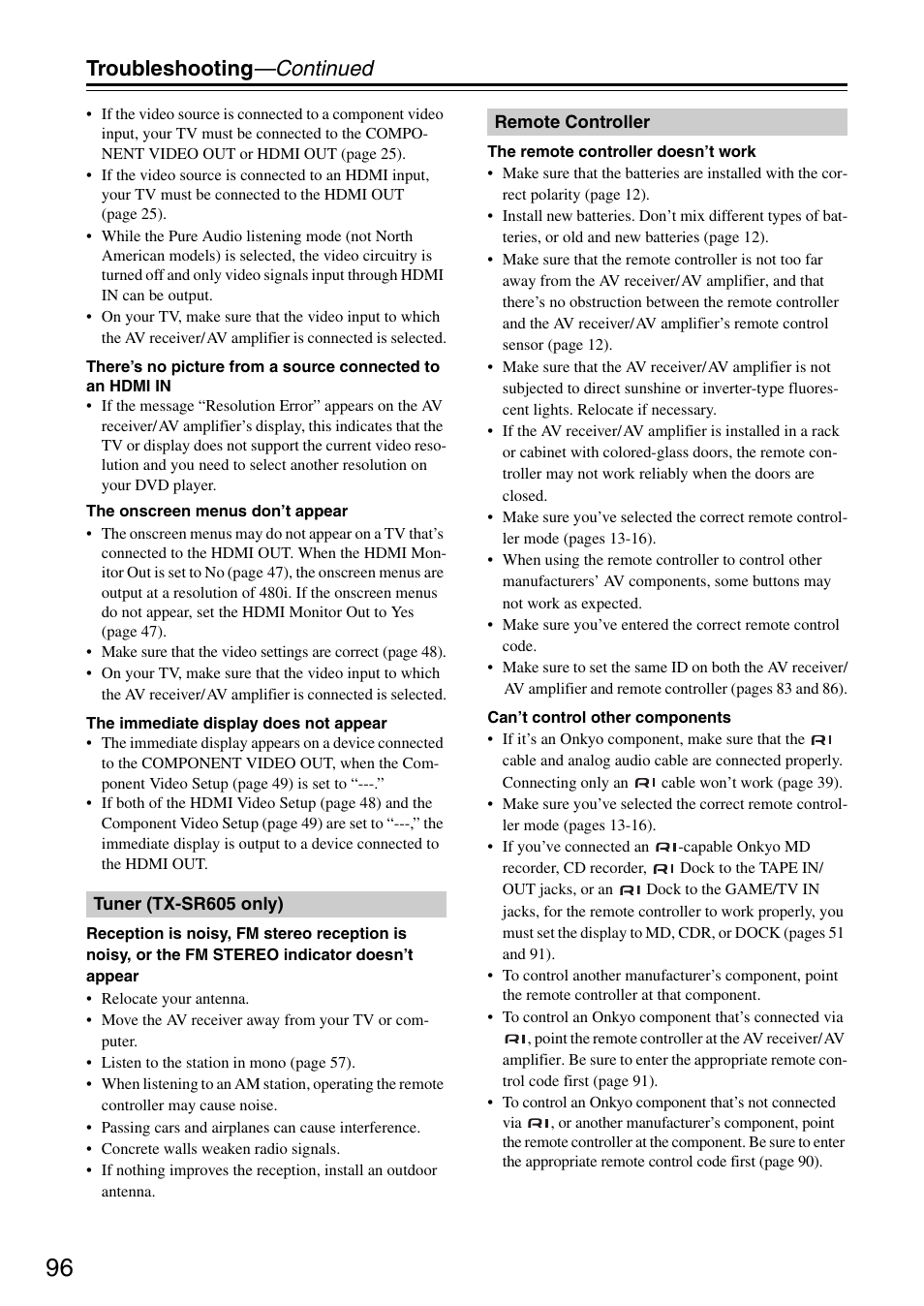 Troubleshooting —continued | Onkyo TX-SR605 User Manual | Page 96 / 100