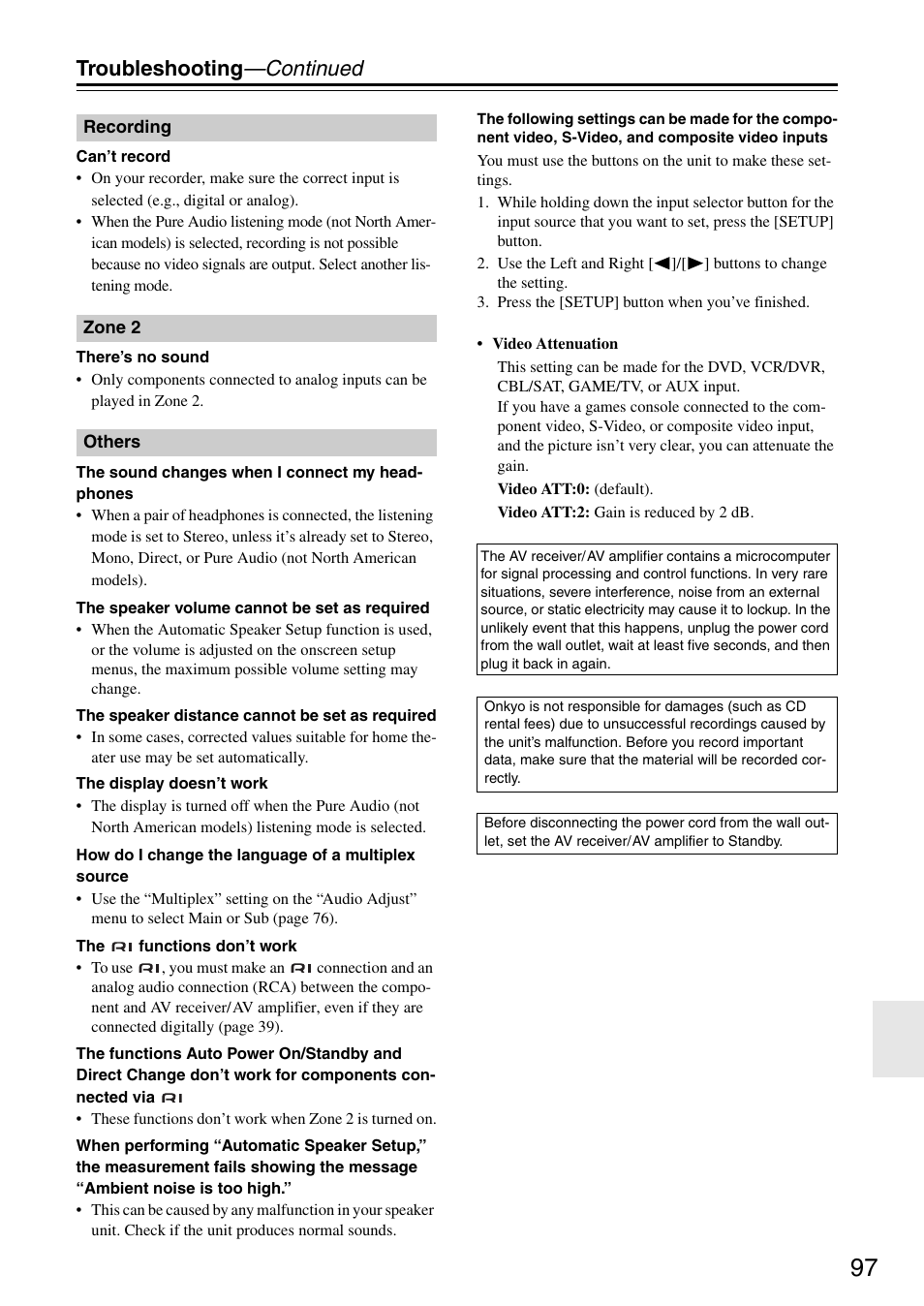 Troubleshooting —continued | Onkyo TX-SR605 User Manual | Page 97 / 100