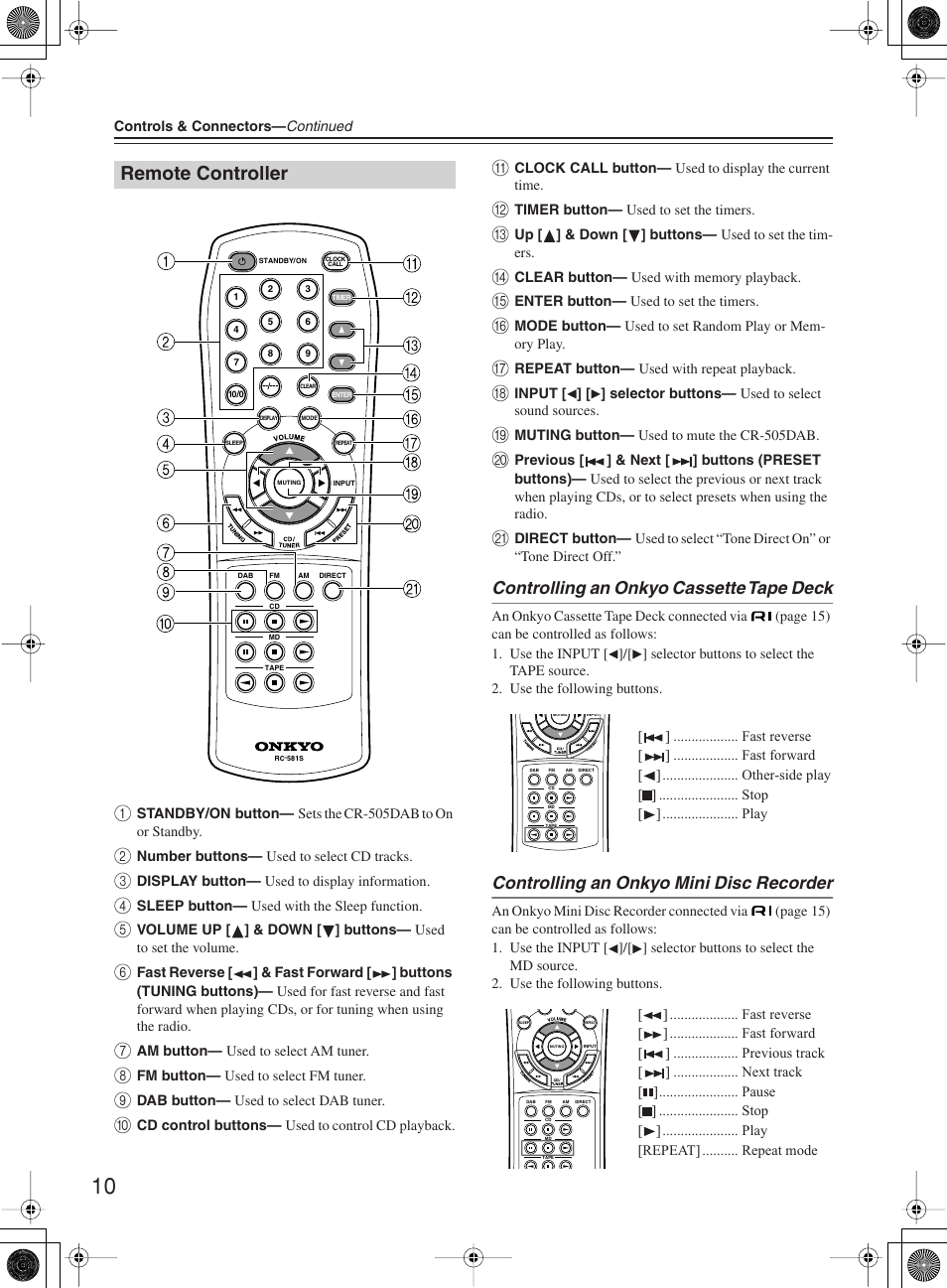 Remote controller, Controlling an onkyo cassette tape deck, Controlling an onkyo mini disc recorder | Onkyo CR-505DA User Manual | Page 10 / 40