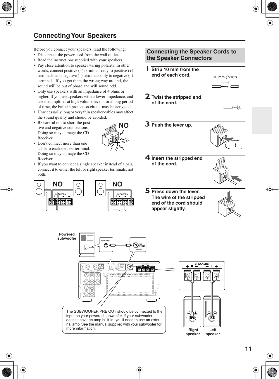 11 connecting your speakers, Strip 10 mm from the end of each cord, Twist the stripped end of the cord | Push the lever up, Insert the stripped end of the cord | Onkyo CR-505DA User Manual | Page 11 / 40